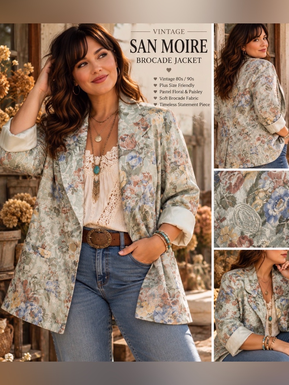 *San Moire - vintage 80’s/90’s plus size- pastel brocade Floral & paisley jacket